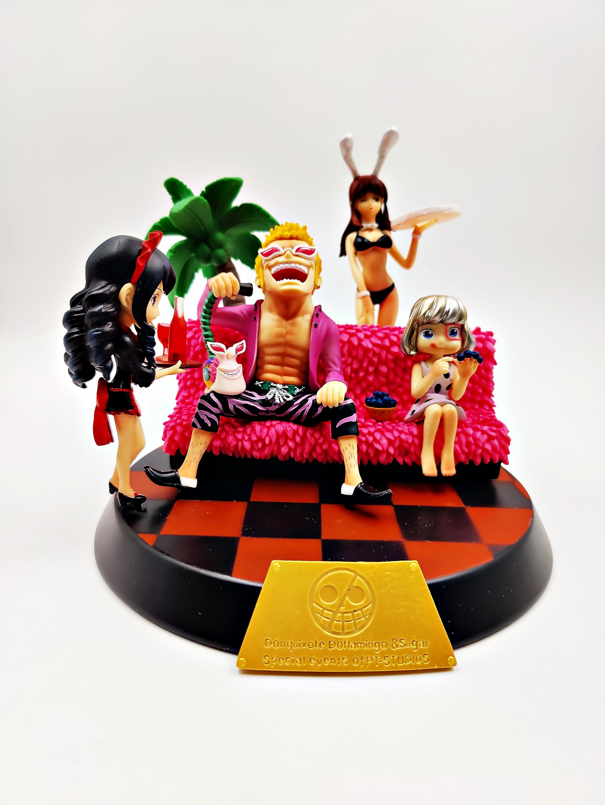 One Piece Donquixote Doflamingo & Sugar Deluxe Action Figure Diorama | Premium Anime Collectible Display Statue with Pink Sofa Scene, Bunny Girl, Family Theme & Display Base | Desk Decor, Gaming Setup, Shelf Display & Gift for One Piece Fans